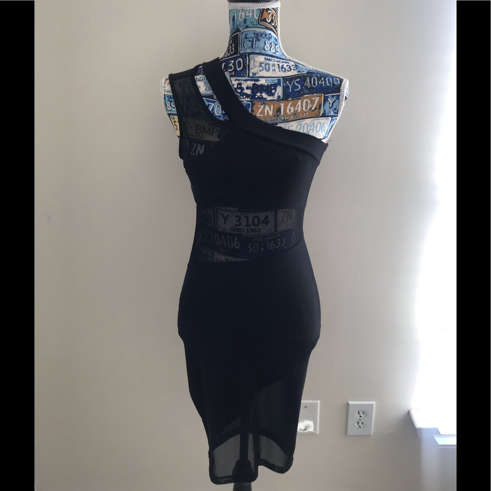 One Shoulder Sexy Black Dress w/Mesh Cutouts: Sm